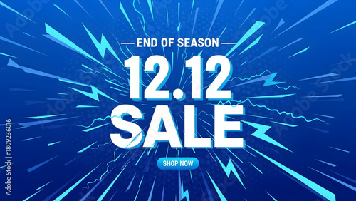 Vibrant blue background with radiating light streaks highlighting an 'END OF SEASON 12.12 SALE' promotion with a 'SHOP NOW' button.