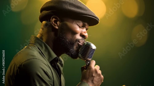 Soulful male singer performing with vintage microphone under warm studio lights