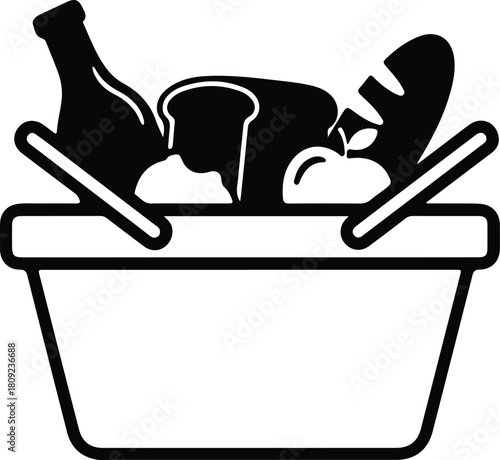 Illustration picnic basket food items bread wine apple silhouette vector