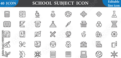 School subject icon set with various educational symbols isolated on white background