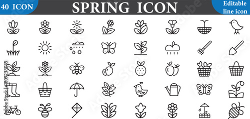 Spring icon set with flower, butterfly, sun, rain, bird, and other elements
