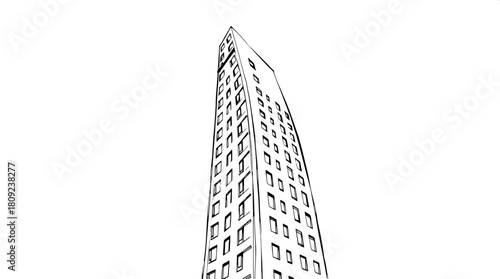 Simplified black-and-white architectural drawing of a sleek tower with numerous windows represented as small geometric cuts in a repetitive pattern, the tower's surface is smooth with clean lines, and