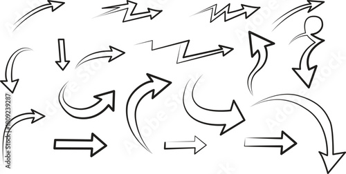 Hand drawn arrows collection in various directions on white