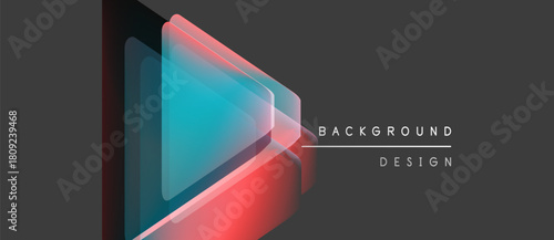 Abstract design features layered triangles. Colors blend from teal to red. Minimalist style with text elements present. Modern aesthetic.