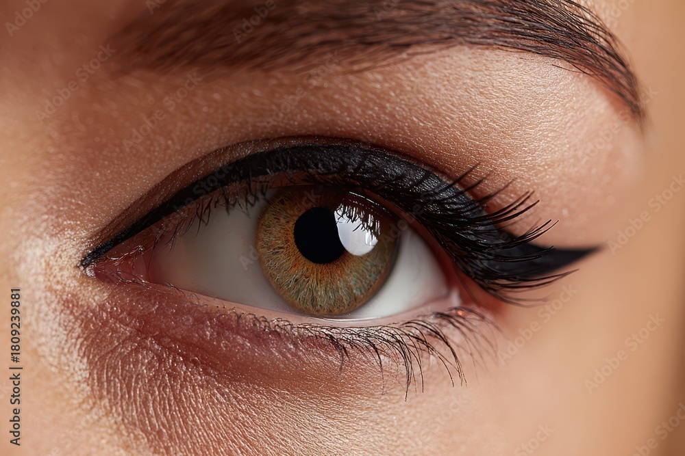 Obraz premium Macro close-up of a female eye with ultra-long lashes and precise black eyeliner