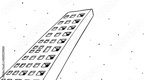 Simplified black-and-white architectural drawing of a sleek tower with numerous windows represented as small geometric cuts in a repetitive pattern, the tower's surface is smooth with clean lines, and