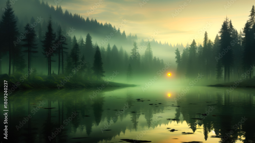 Naklejka premium Misty Morning at a Forest Lake With Trees and a Glowing Sun in the Background