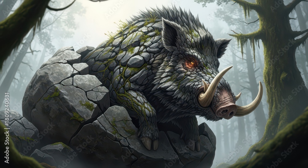Obraz premium Mythical stone boar emerging from cracked boulder in misty woodland