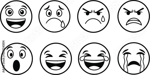 Set of Black and White Emoji Faces Expressing Different Emotions