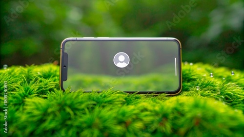 Mobile phone resting on vibrant green moss in a tranquil outdoor environment during daytime