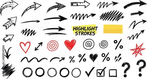 Collection of Hand Drawn Arrows and Symbols on White Background sign drawing