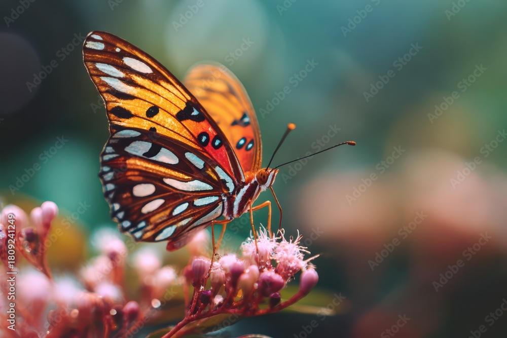 Obraz premium Macro shot of a delicate butterfly on a blossom with dewdrops and a blurred garden backdrop