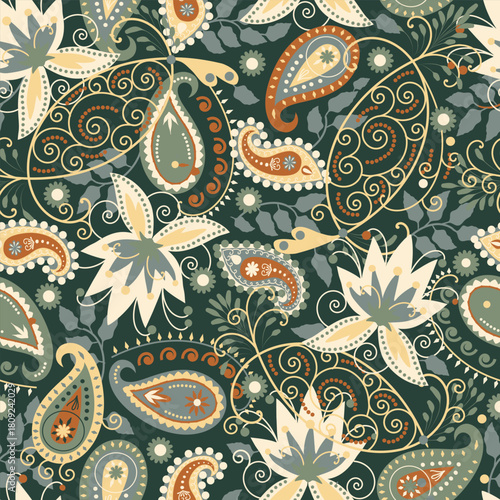 Traditional seamless Paisley floral hand-drawn pattern. Indian Kashmir ornament. Vector