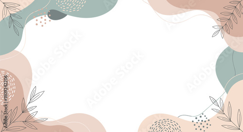 A beautiful and modern background frame made of abstract organic shapes and delicate botanical line art in a soft pastel color palette.