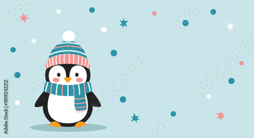 Adorable cartoon penguin wearing a cozy striped winter hat and scarf standing in a gentle snowfall with colorful stars and dots.