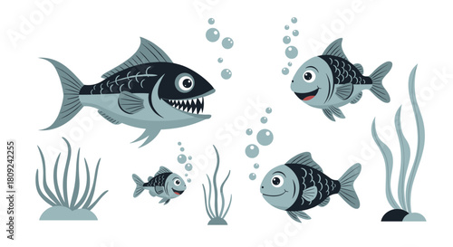 A unique set of cartoon fish illustrations including several with visible x-ray skeletons swimming among seaweed and air bubbles.