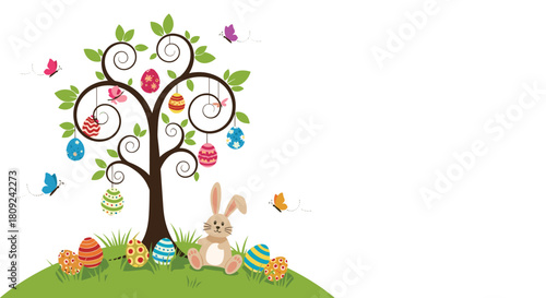 Charming easter spring scene with a cute bunny rabbit sitting under a tree decorated with hanging eggs and surrounded by butterflies.