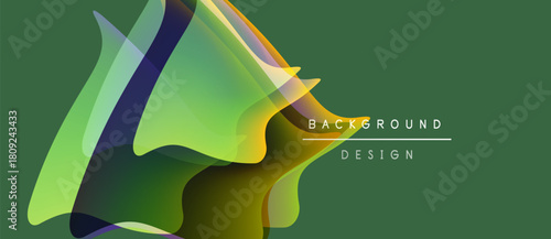 Abstract fluid shapes overlap, creating vibrant color gradients. Green background complements dynamic design elements. Modern aesthetic.