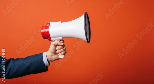 Hand holding megaphone, marketing and sales, orange background