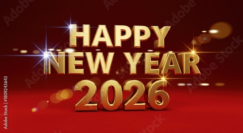 Gleaming golden 'happy new year 2026' text, luxurious red velvet backdrop