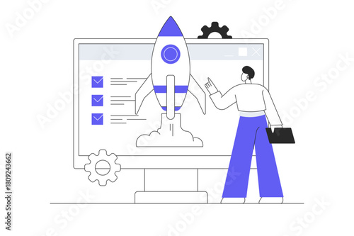 Startup business concept. Businessman generates ideas, planning and launches new project. Flat Cartoon Vector Illustration, icon Stylish abstract design landing page web
