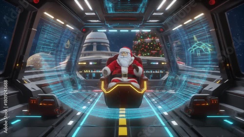 Animated Santa Claus in a Futuristic Spacecraft Interior with Christmas Tree and Exterior Night Sky Background