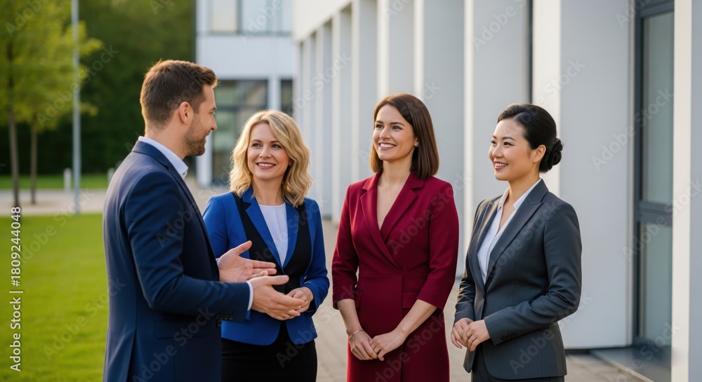 Obraz premium Diverse group of four business professionals having an animated discussion outdoors near a contemporary corporate edifice