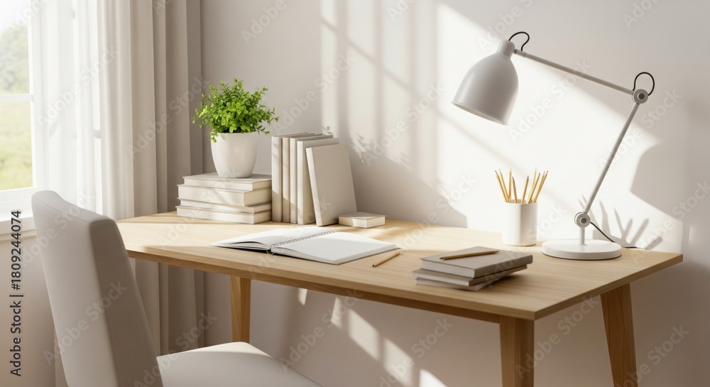 Fototapeta premium Cozy modern home study desk with natural sunlight and ceramic pot