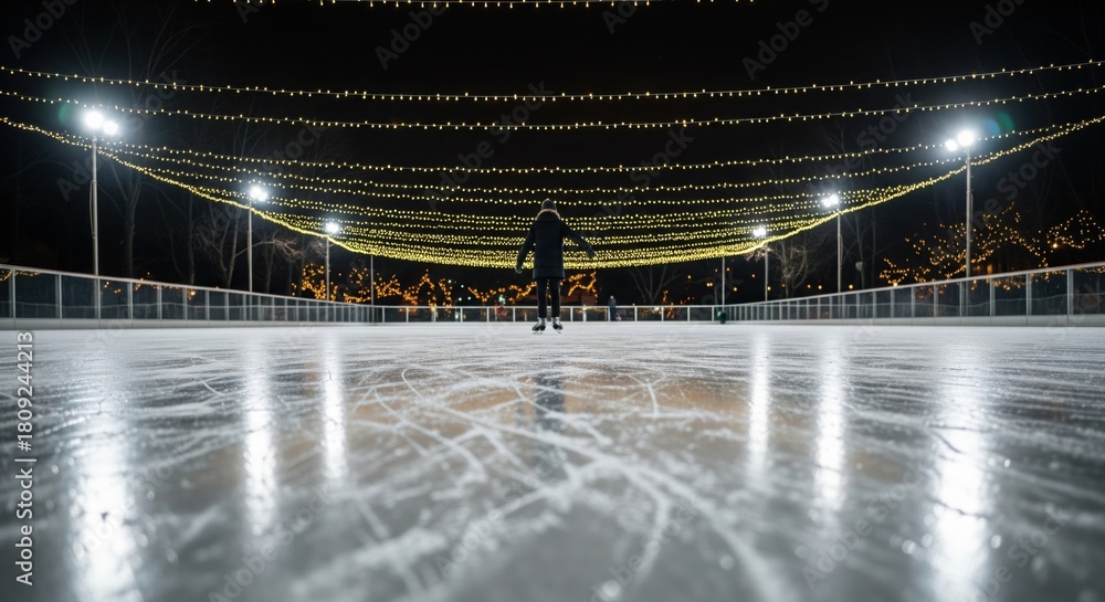 Obraz premium Blue ice skates wait under festive winter lights