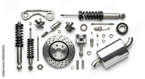 Organized flat lay automotive mechanical parts on white background
