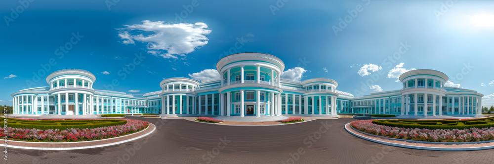 Fototapeta premium Beautiful Turquoise Building Surrounded by Colorful Flowers on a Bright Sunny Day in a Picturesque Park