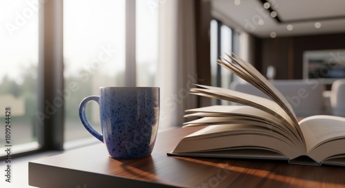 Open book with a cup of coffee for morning devotion on wooden table with window light