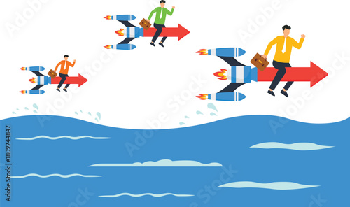 Businessmen riding rocket arrows in corporate race for business growth. Market competition startup launch fast progress career advancement achieving success moving forward leadership concept.