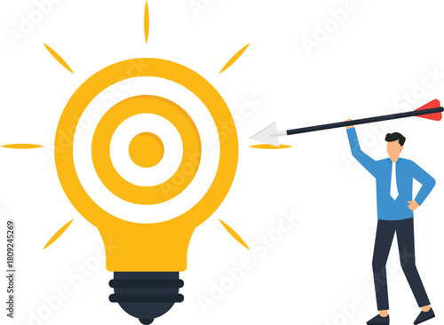 Businessman aiming arrow at lightbulb target for business goal. Creative idea, marketing strategy, innovative solution, goal achievement, strategic focus, business precision, market target.