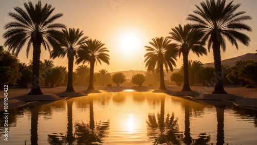Golden sunset reflects on tranquil water surrounded by palm trees, creating serene atmosphere in desert oasis