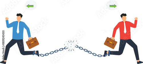 Businessmen breaking free from broken chain running in different directions. Partnership ending disagreement concept. Business conflict career change leaving job opposite paths freedom concept.