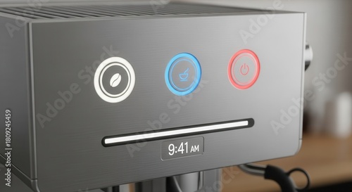 Modern metallic beverage maker displays illuminated control panel with digital time readout
