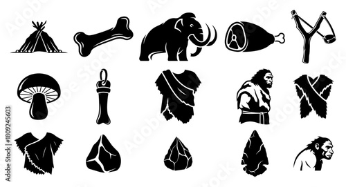 Prehistoric Stone Age Silhouette Icons Set with Caveman Mammoth and Primitive Tools
