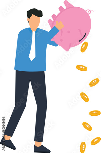 Businessman emptying piggy bank savings, financial crisis concept, investment loss, economic downturn, debt management, personal finance, money problems, cash withdrawal, business failure.