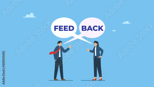 Business people telling feedback to each other. Employee feedback, opinion or colleague voice for improvement, message discussion, telling or comment each other, appraisal or review process.