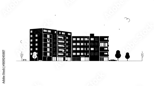 Iconic black silhouette of a multi-story apartment complex set against a stark white background, rendered in a flat design with crisp lines and minimalist infographic style, incorporating simple shape