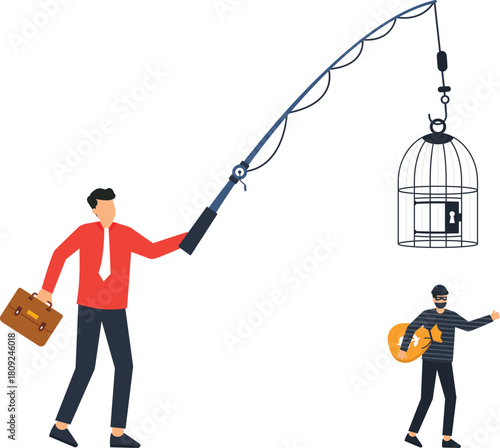 Businessman fishing with cage bait to trap thief a financial crime concept for fraud prevention business security catching criminals money laundering investment scam justice system law enforcement