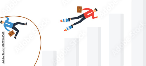 business competition, innovative solution, business strategy, career growth, competitive advantage, overcoming obstacles, bar chart, rocket boots, pole vault