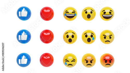 Set of emoji magnets round and colorful expressing various emotions on white background