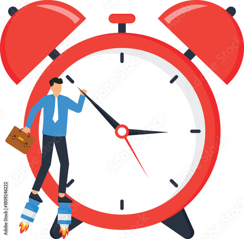 Time management concept with businessman flying on jetpack pushing clock hand for deadline pressure business productivity and career growth