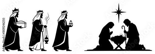 Christian Nativity Scene Silhouette with Holy Family and Three Wise Men Under Bethlehem Star