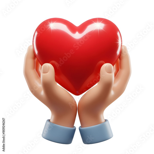 Hands holding a red heart 3D render illustration for love care and support concepts