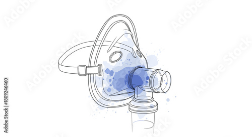 Medical oxygen mask nebulizer breathing respiratory therapy one line minimalist illustration with watercolor fill.