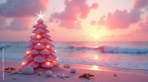 Christmas tree on tropical beach at sunset with starfish