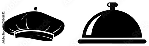 Chef Hat and Serving Cloche Silhouette Icons for Restaurant and Culinary Design